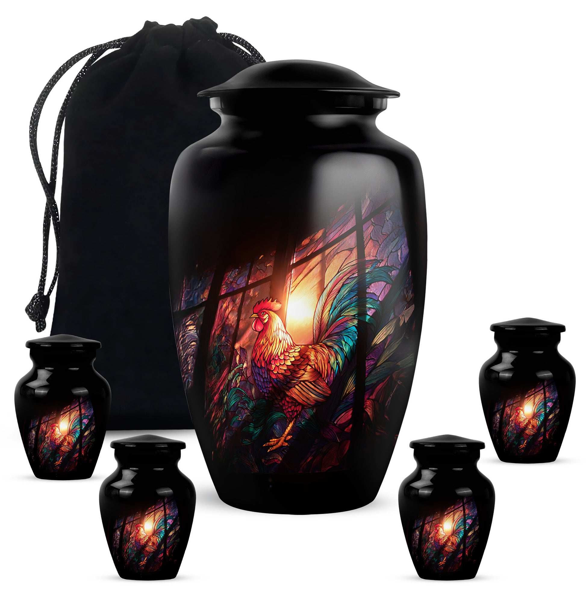 Midnight Black Hen Cremation Urn top-down view of secure threaded lid - traditional hen engraving with hand-polished finish - memorial set with one large and four small urns