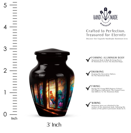 Jet Black Hen Cremation Urn close-up of engraving and surface detail - classic sculpted hen pattern on smooth aluminum - mini keepsake memorial for portion of cremation ashes