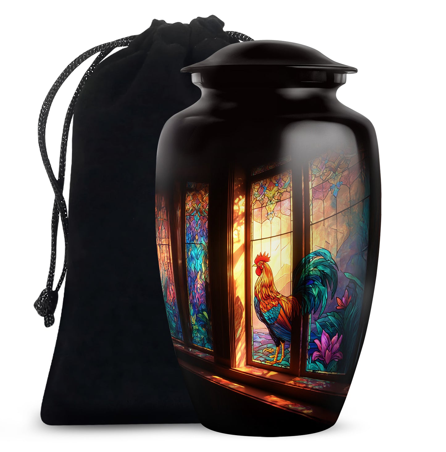 Deep Black Hen Cremation Urn angled view of lid and engraved motif - classic sculpted hen pattern on smooth aluminum - full-size 10 inch 200 cubic inch adult cremation urn
