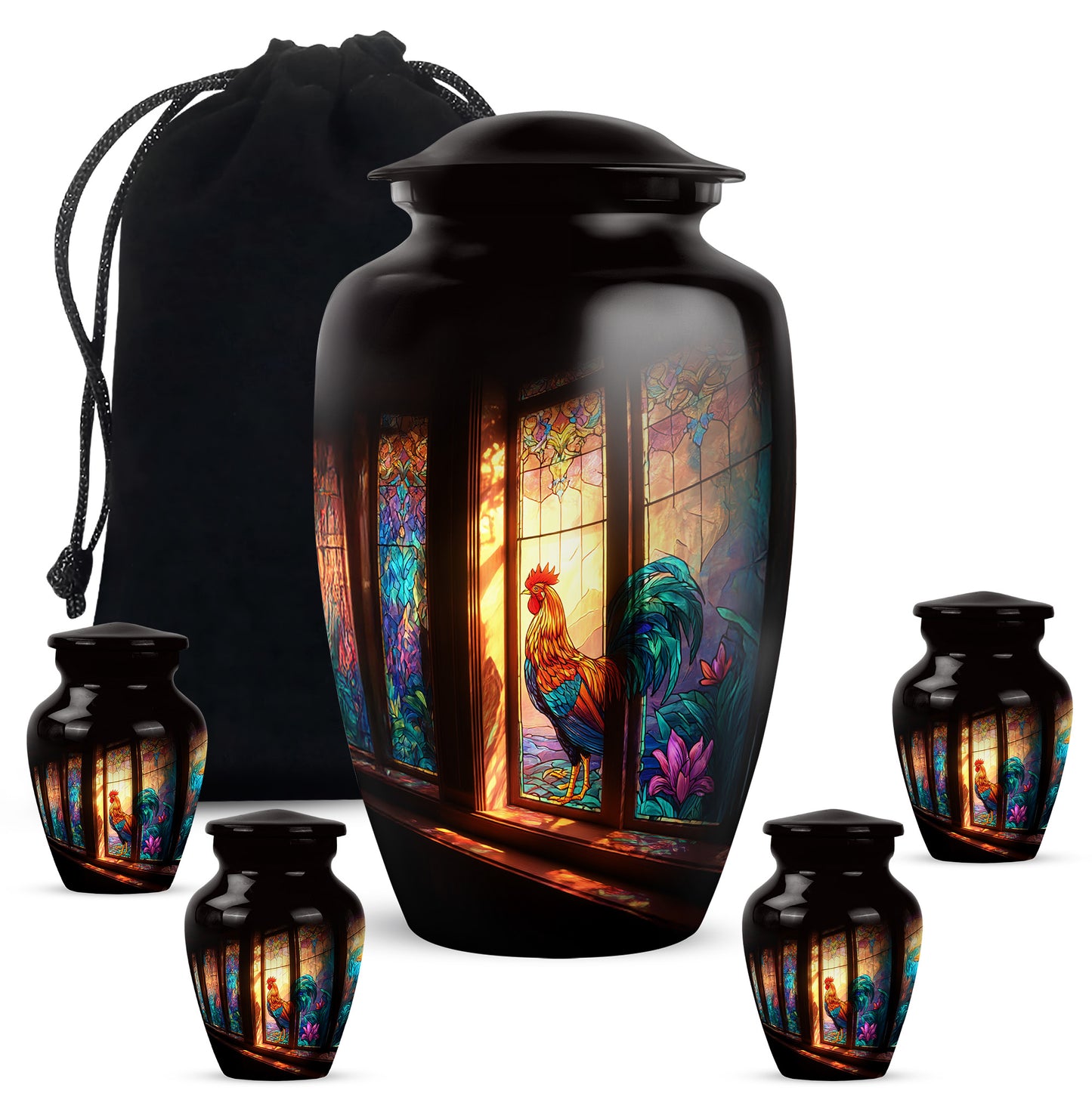 Obsidian Black Hen Cremation Urn top-down view of secure threaded lid - traditional hen engraving with hand-polished finish - memorial set with one large and four small urns