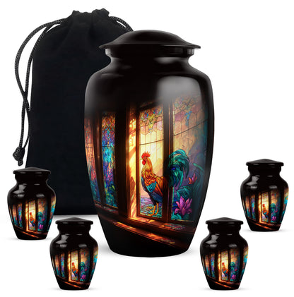 Obsidian Black Hen Cremation Urn top-down view of secure threaded lid - traditional hen engraving with hand-polished finish - memorial set with one large and four small urns