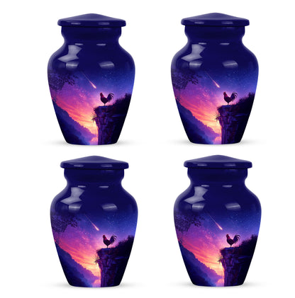 Azure Hen Cremation Urn side profile showing urn shape - timeless hen motif etched into premium metal - 10 inch aluminum urn for cremated remains
