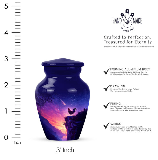 Icy Blue Hen Cremation Urn close-up of engraving and surface detail - timeless hen motif etched into premium metal - mini keepsake memorial for portion of cremation ashes