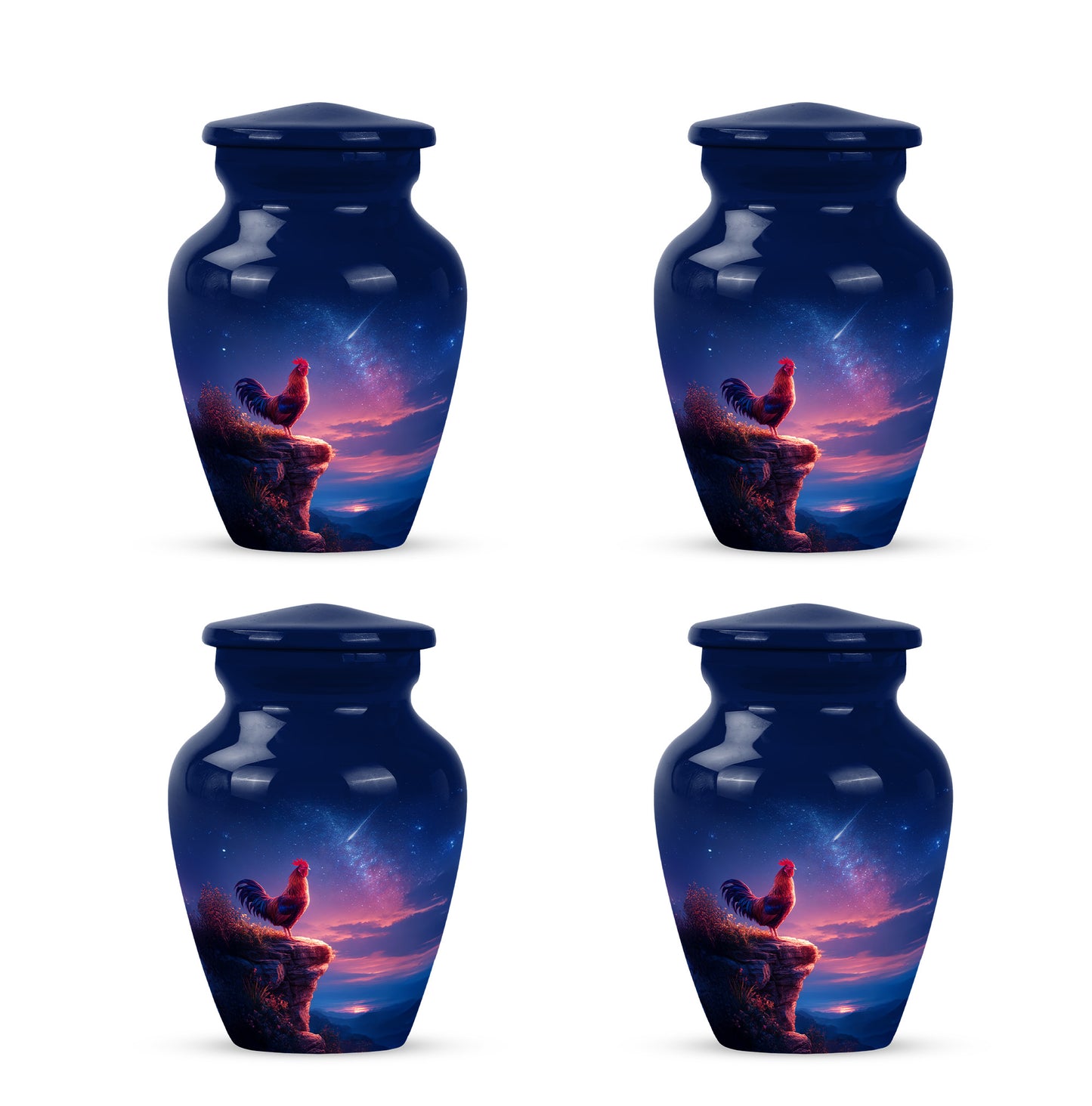 Cobalt Blue Hen Cremation Urn side profile showing urn shape - elegant classic hen relief with fine detailing - 10 inch aluminum urn for cremated remains