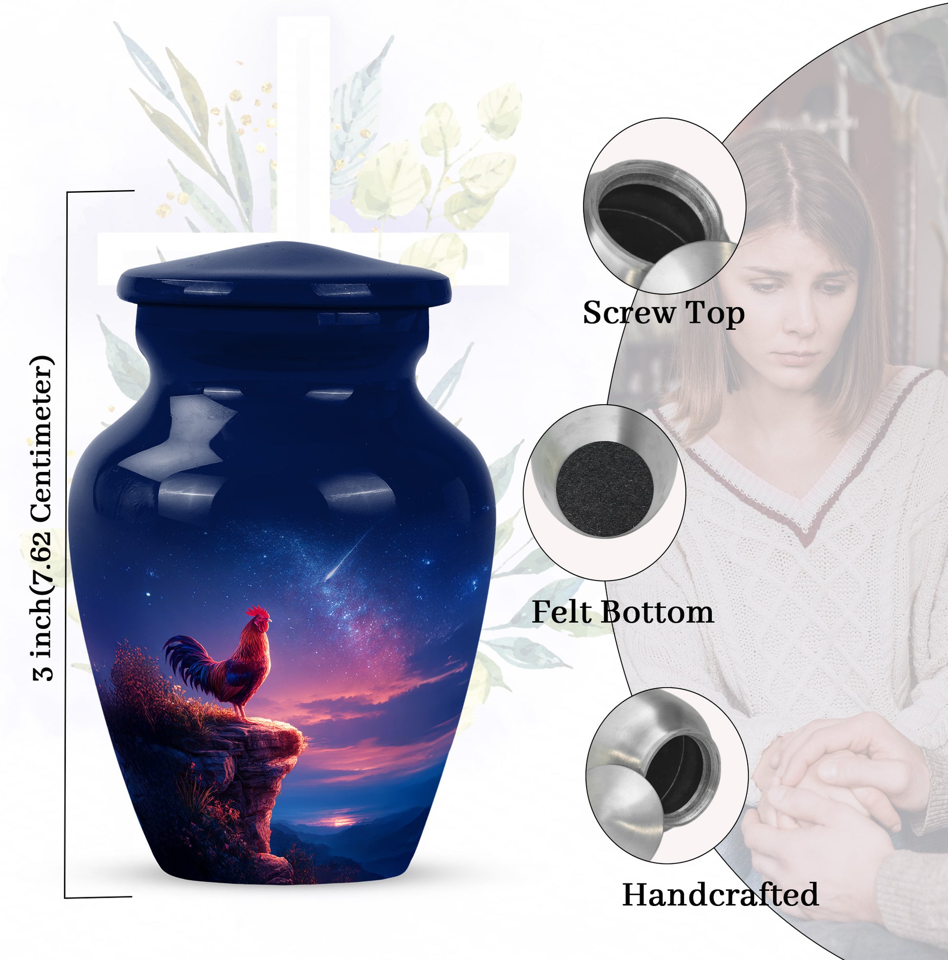 Bright Blue Hen Cremation Urn close-up of engraving and surface detail - traditional hen engraving with hand-polished finish - mini keepsake memorial for portion of cremation ashes