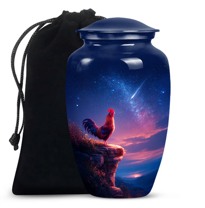 Celestial Blue Hen Cremation Urn angled view of lid and engraved motif - classic sculpted hen pattern on smooth aluminum - full-size 10 inch 200 cubic inch adult cremation urn