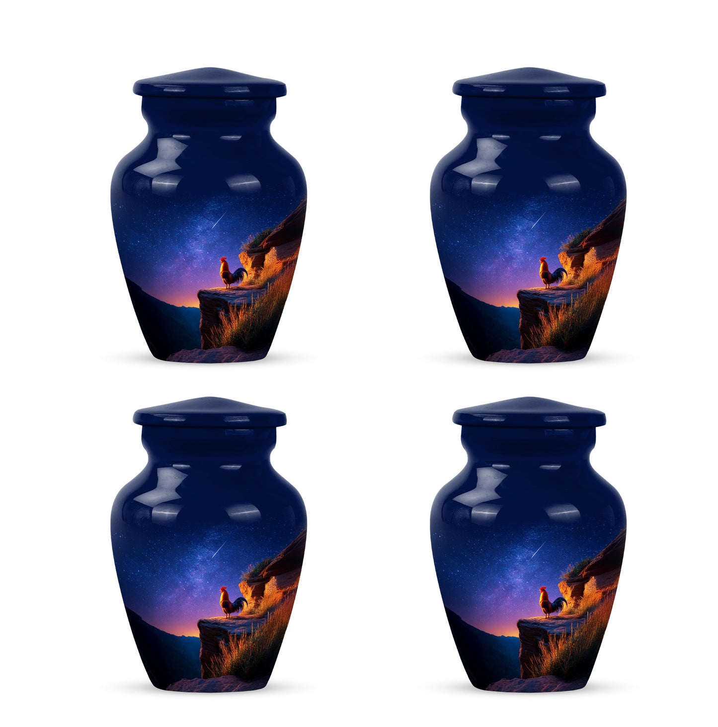 Vivid Blue Hen Cremation Urn side profile showing urn shape - elegant classic hen relief with fine detailing - 10 inch aluminum urn for cremated remains