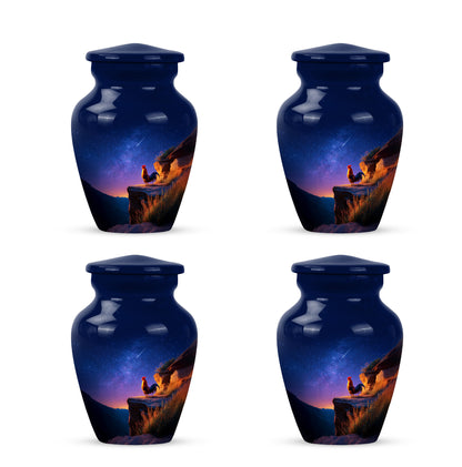 Vivid Blue Hen Cremation Urn side profile showing urn shape - elegant classic hen relief with fine detailing - 10 inch aluminum urn for cremated remains