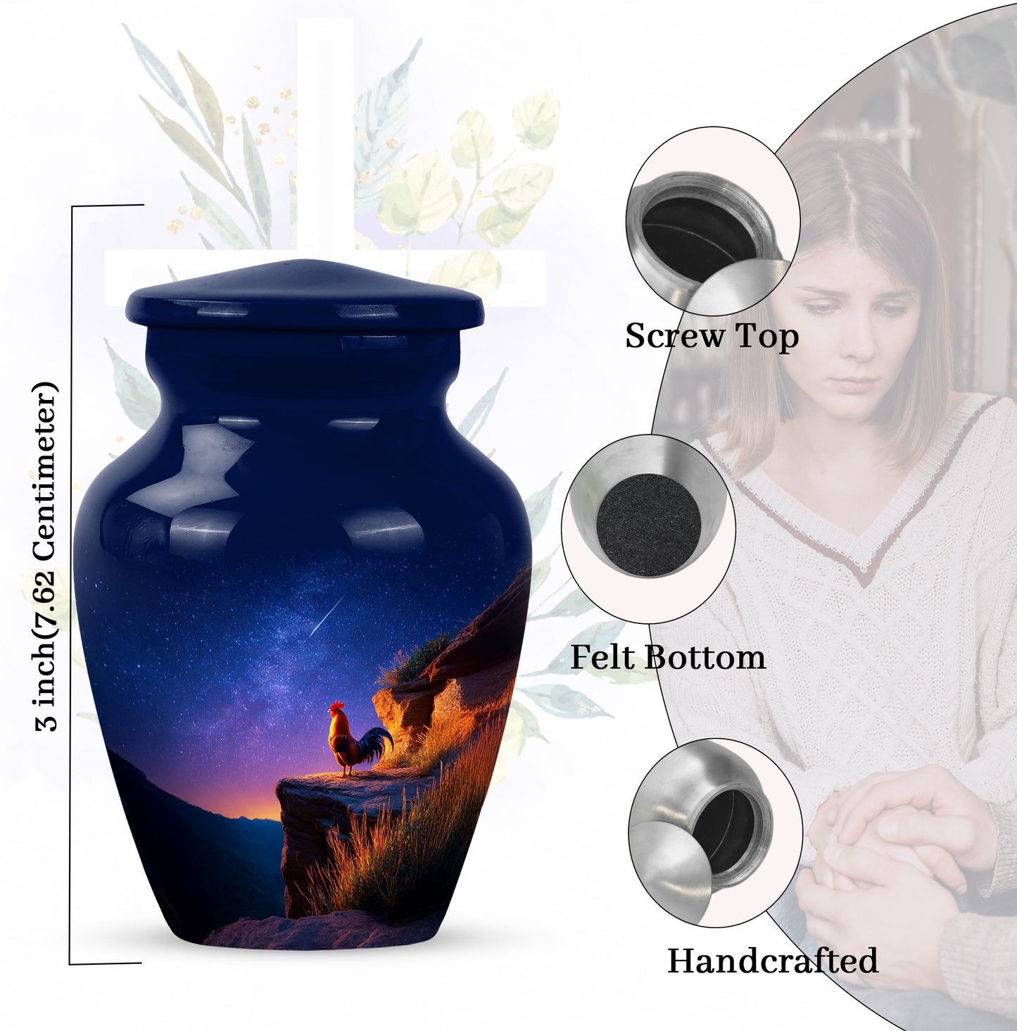 Royal Blue Hen Cremation Urn close-up of engraving and surface detail - traditional hen engraving with hand-polished finish - mini keepsake memorial for portion of cremation ashes