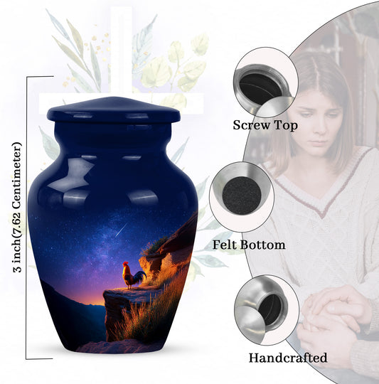 Royal Blue Hen Cremation Urn close-up of engraving and surface detail - traditional hen engraving with hand-polished finish - mini keepsake memorial for portion of cremation ashes