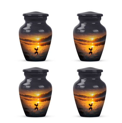 Deep Black Hen Cremation Urn side profile showing urn shape - classic sculpted hen pattern on smooth aluminum - 10 inch aluminum urn for cremated remains