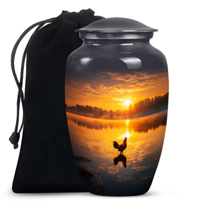 Ebony Hen Cremation Urn angled view of lid and engraved motif - timeless hen motif etched into premium metal - full-size 10 inch 200 cubic inch adult cremation urn