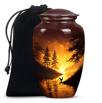 Deep Red Hen Cremation Urn angled view of lid and engraved motif - classic sculpted hen pattern on smooth aluminum - full-size 10 inch 200 cubic inch adult cremation urn