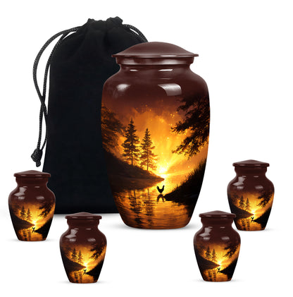 Fiery Red Hen Cremation Urn top-down view of secure threaded lid - traditional hen engraving with hand-polished finish - memorial set with one large and four small urns