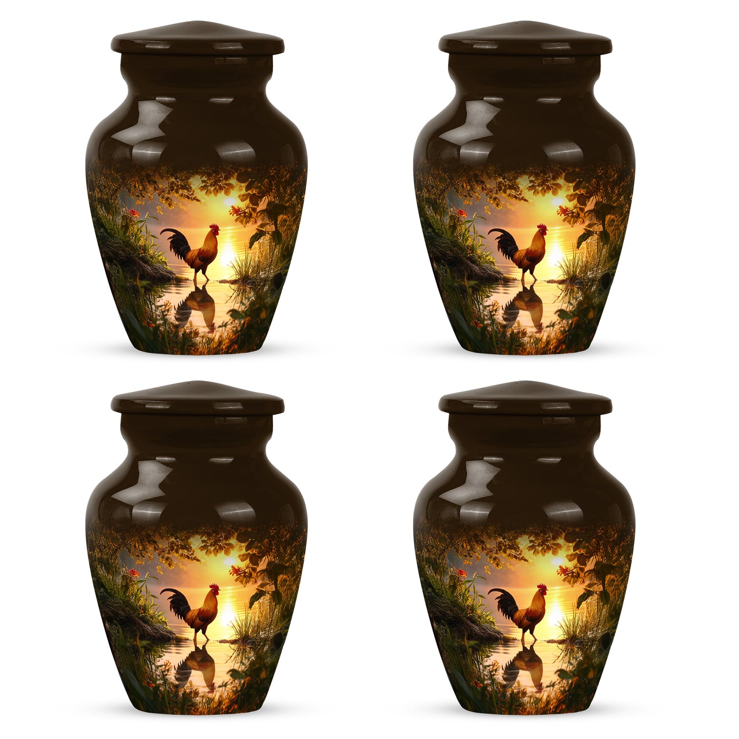 Gilded Gold Hen Cremation Urn side profile showing urn shape - timeless hen motif etched into premium metal - 10 inch aluminum urn for cremated remains