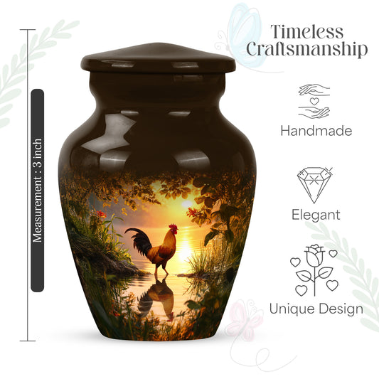 Amber Gold Hen Cremation Urn close-up of engraving and surface detail - classic sculpted hen pattern on smooth aluminum - mini keepsake memorial for portion of cremation ashes