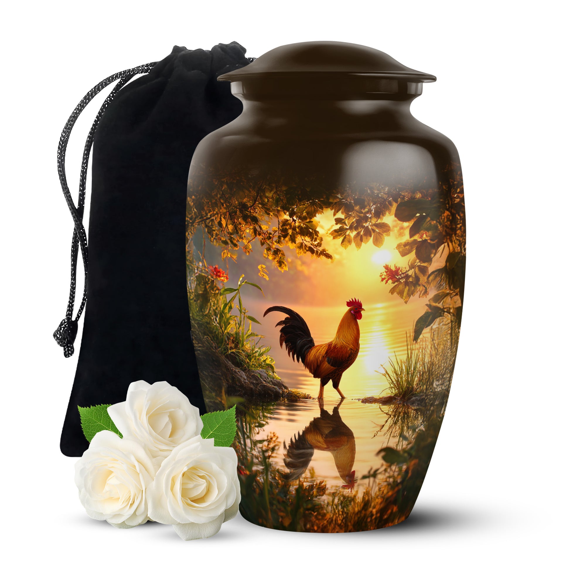 Matte Gold Hen Cremation Urn angled view of lid and engraved motif - elegant classic hen relief with fine detailing - full-size 10 inch 200 cubic inch adult cremation urn