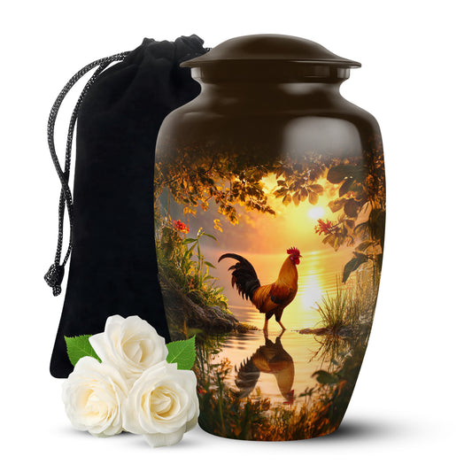 Matte Gold Hen Cremation Urn angled view of lid and engraved motif - elegant classic hen relief with fine detailing - full-size 10 inch 200 cubic inch adult cremation urn