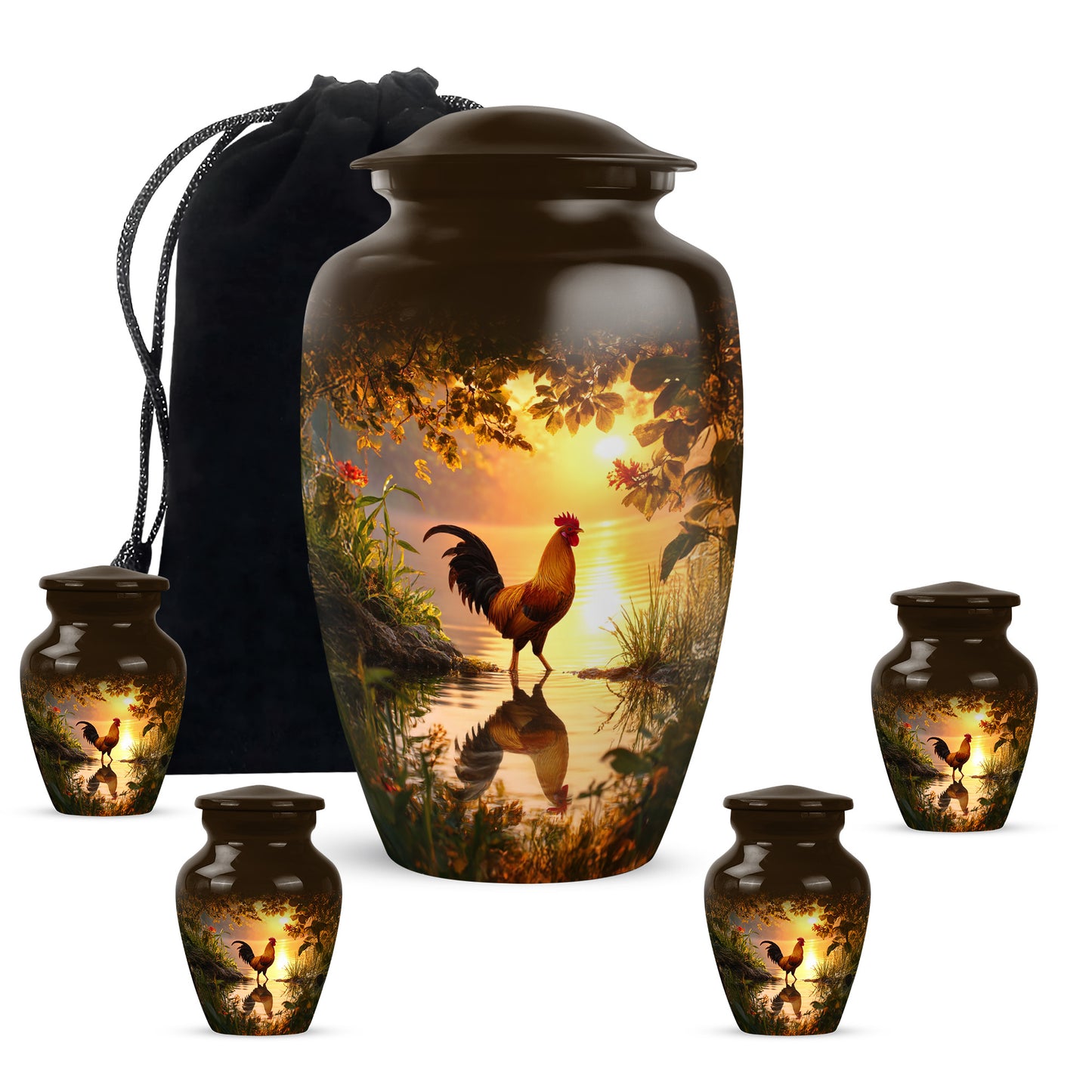 Gilded Gold Hen Cremation Urn top-down view of secure threaded lid - classic sculpted hen pattern on smooth aluminum - memorial set with one large and four small urns