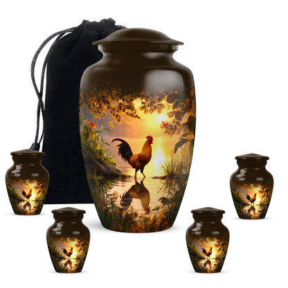 Gilded Gold Hen Cremation Urn top-down view of secure threaded lid - classic sculpted hen pattern on smooth aluminum - memorial set with one large and four small urns