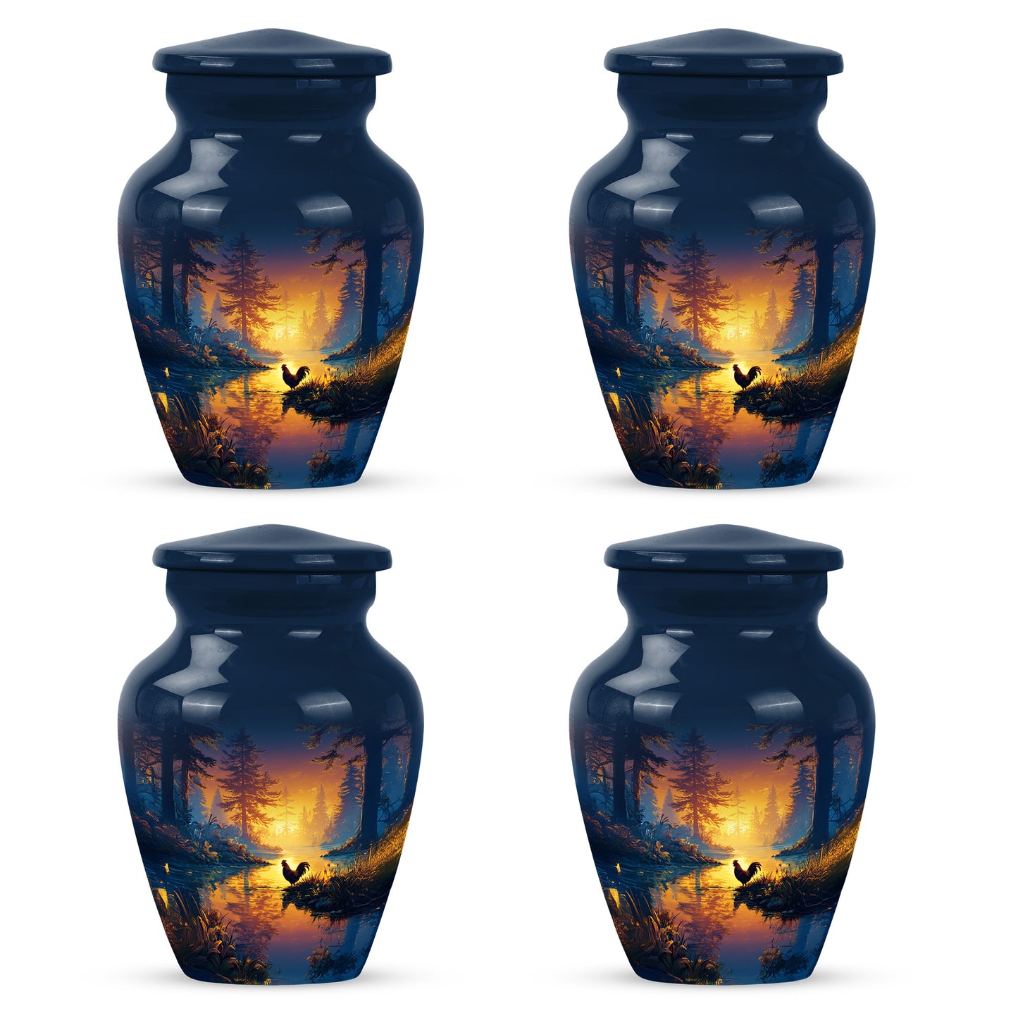Cornflower Blue Hen Cremation Urn side profile showing urn shape - traditional hen engraving with hand-polished finish - 10 inch aluminum urn for cremated remains