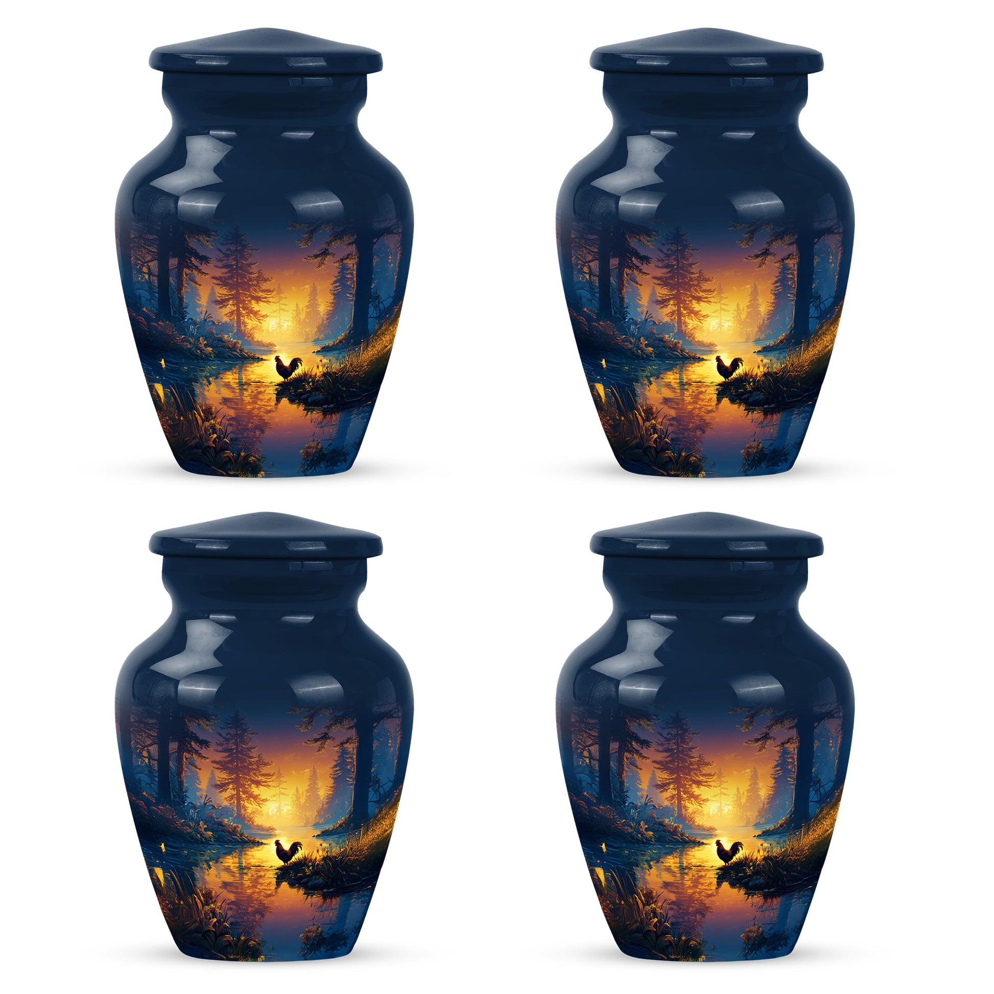 Cornflower Blue Hen Cremation Urn side profile showing urn shape - traditional hen engraving with hand-polished finish - 10 inch aluminum urn for cremated remains