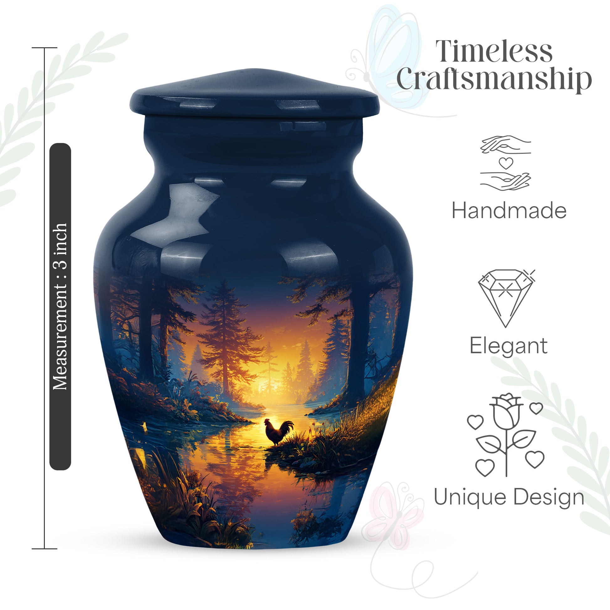 Cornflower Blue Hen Cremation Urn close-up of engraving and surface detail - elegant classic hen relief with fine detailing - mini keepsake memorial for portion of cremation ashes