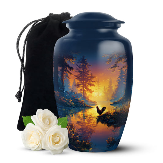 Soft Blue Hen Cremation Urn angled view of lid and engraved motif - traditional hen engraving with hand-polished finish - full-size 10 inch 200 cubic inch adult cremation urn