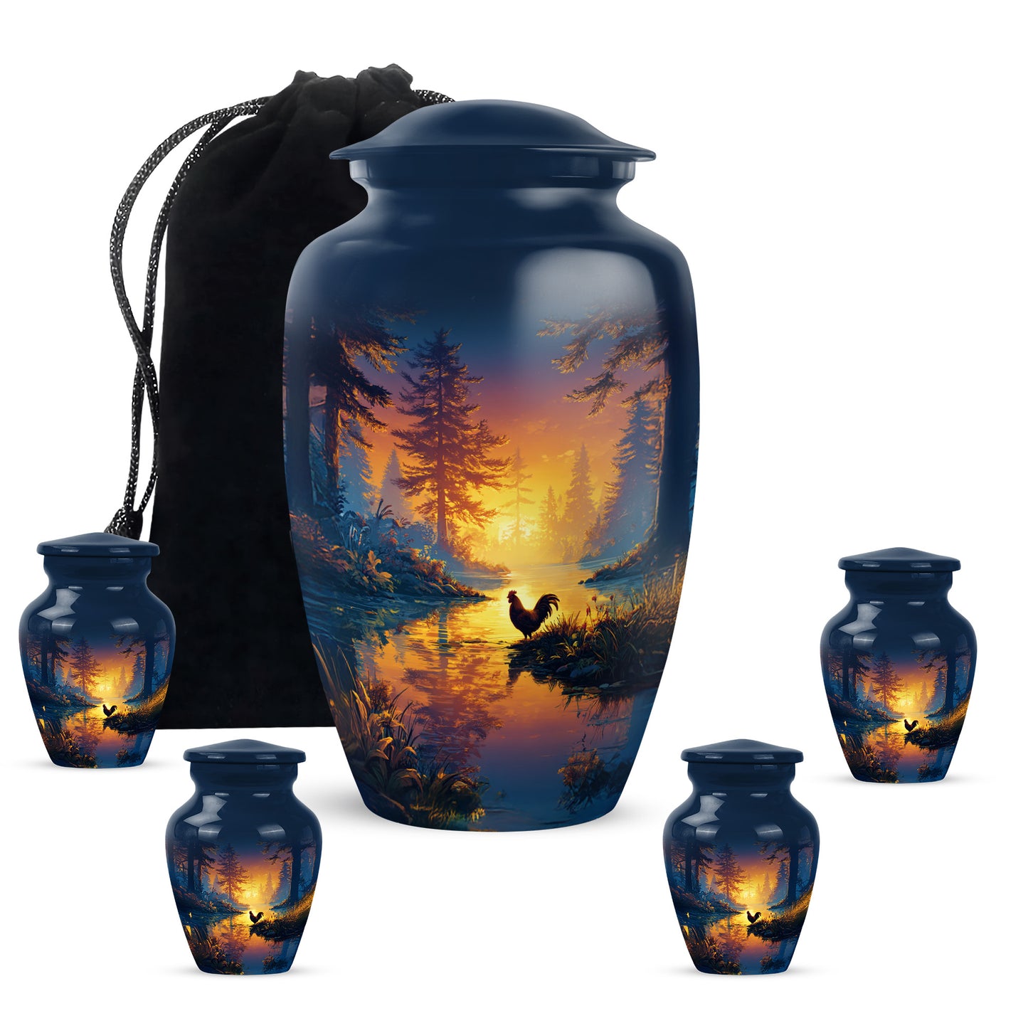 Indigo Hen Cremation Urn top-down view of secure threaded lid - classic sculpted hen pattern on smooth aluminum - memorial set with one large and four small urns