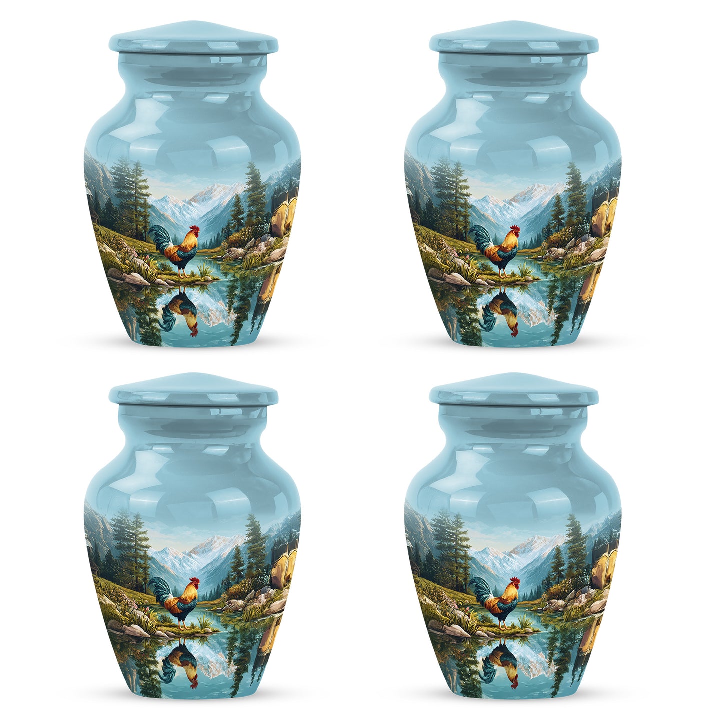 Cool Teal Hen Cremation Urn side profile showing urn shape - timeless hen motif etched into premium metal - 10 inch aluminum urn for cremated remains