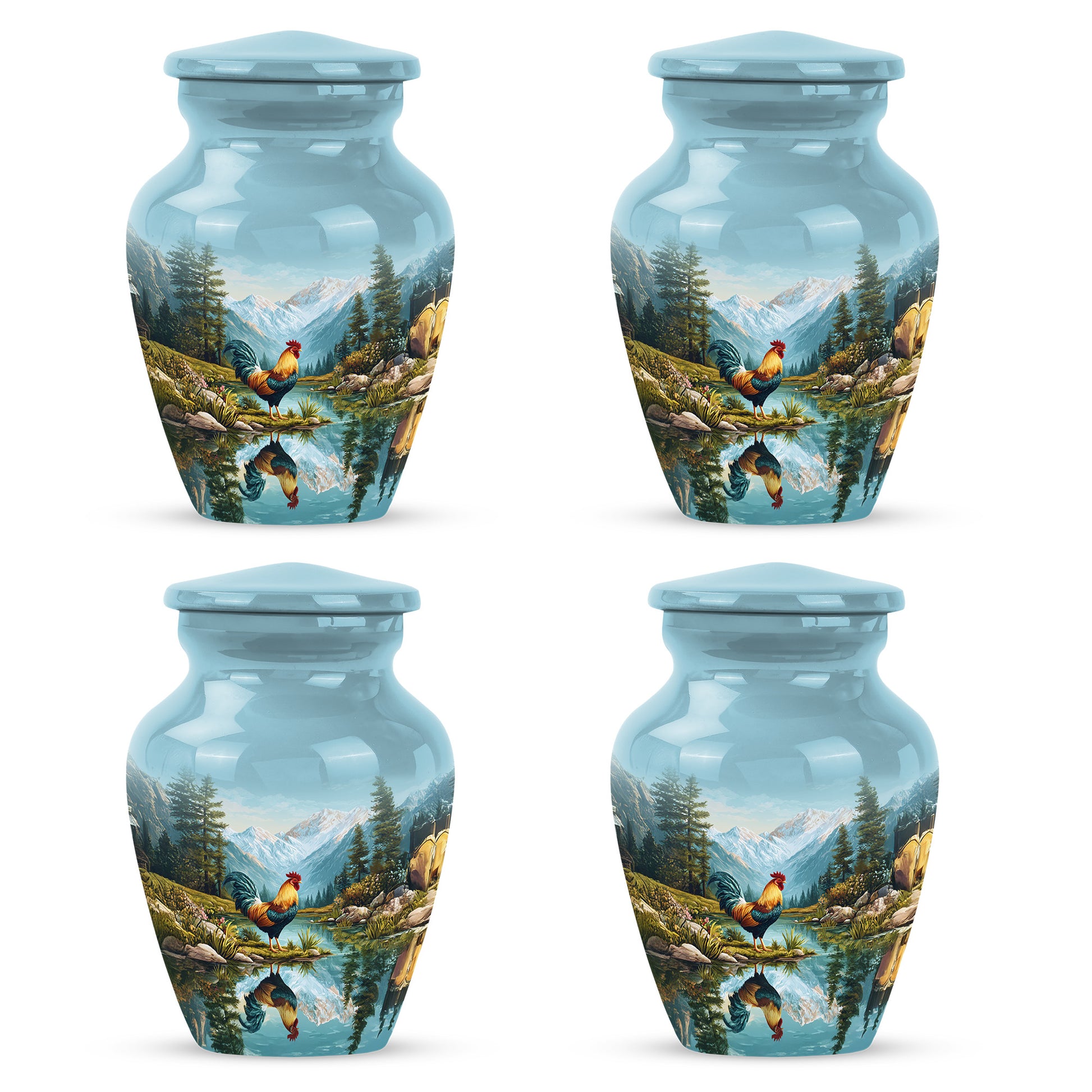 Cool Teal Hen Cremation Urn side profile showing urn shape - timeless hen motif etched into premium metal - 10 inch aluminum urn for cremated remains