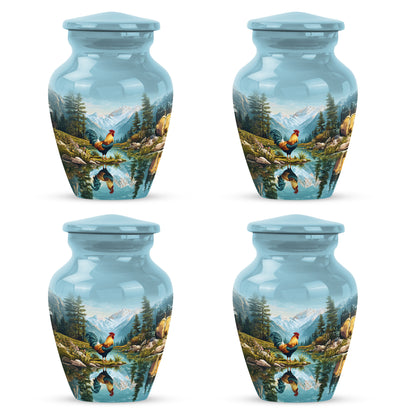 Cool Teal Hen Cremation Urn side profile showing urn shape - timeless hen motif etched into premium metal - 10 inch aluminum urn for cremated remains