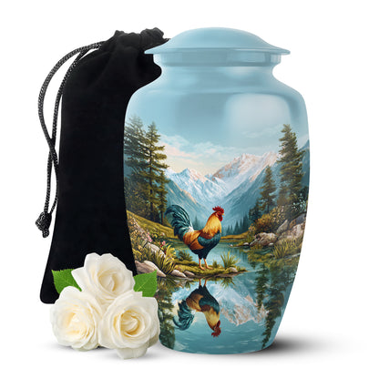 Cool Teal Hen Cremation Urn angled view of lid and engraved motif - classic sculpted hen pattern on smooth aluminum - full-size 10 inch 200 cubic inch adult cremation urn
