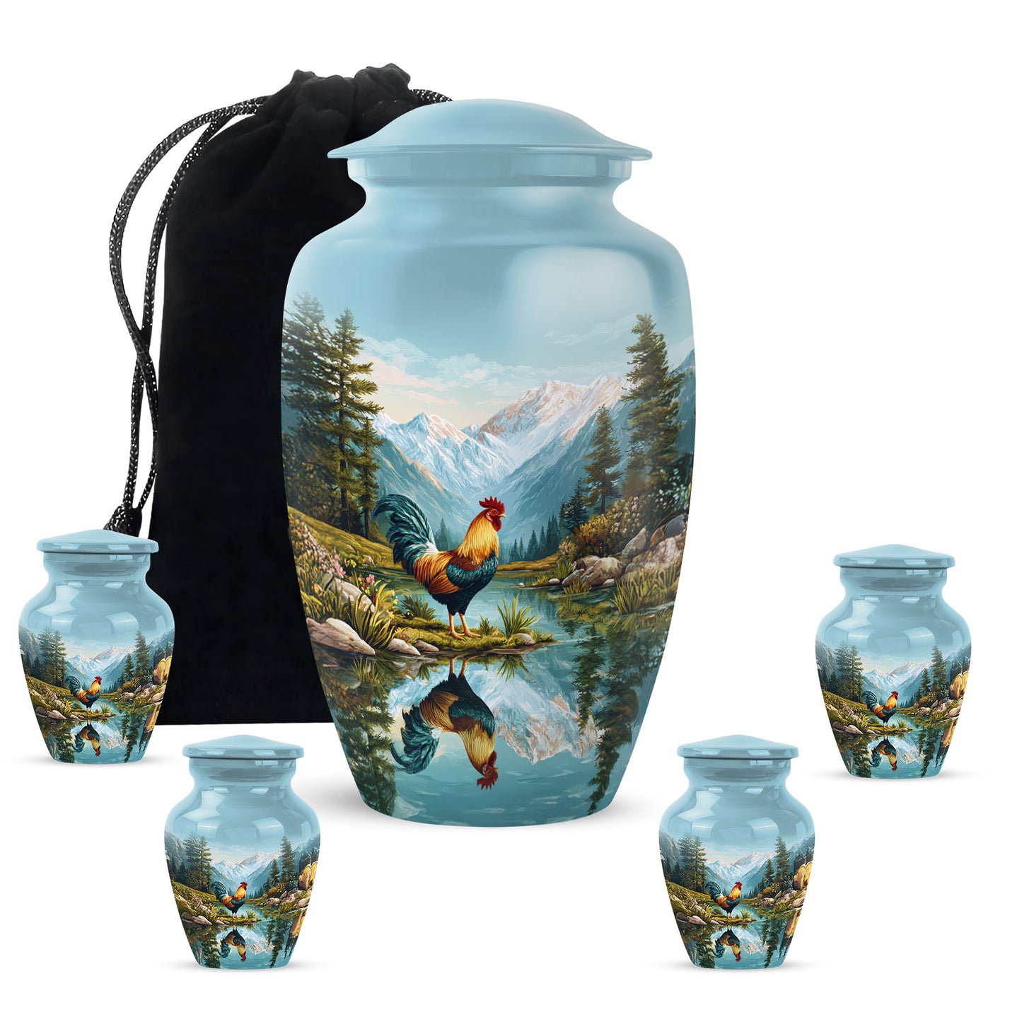 Deep Teal Hen Cremation Urn top-down view of secure threaded lid - traditional hen engraving with hand-polished finish - memorial set with one large and four small urns