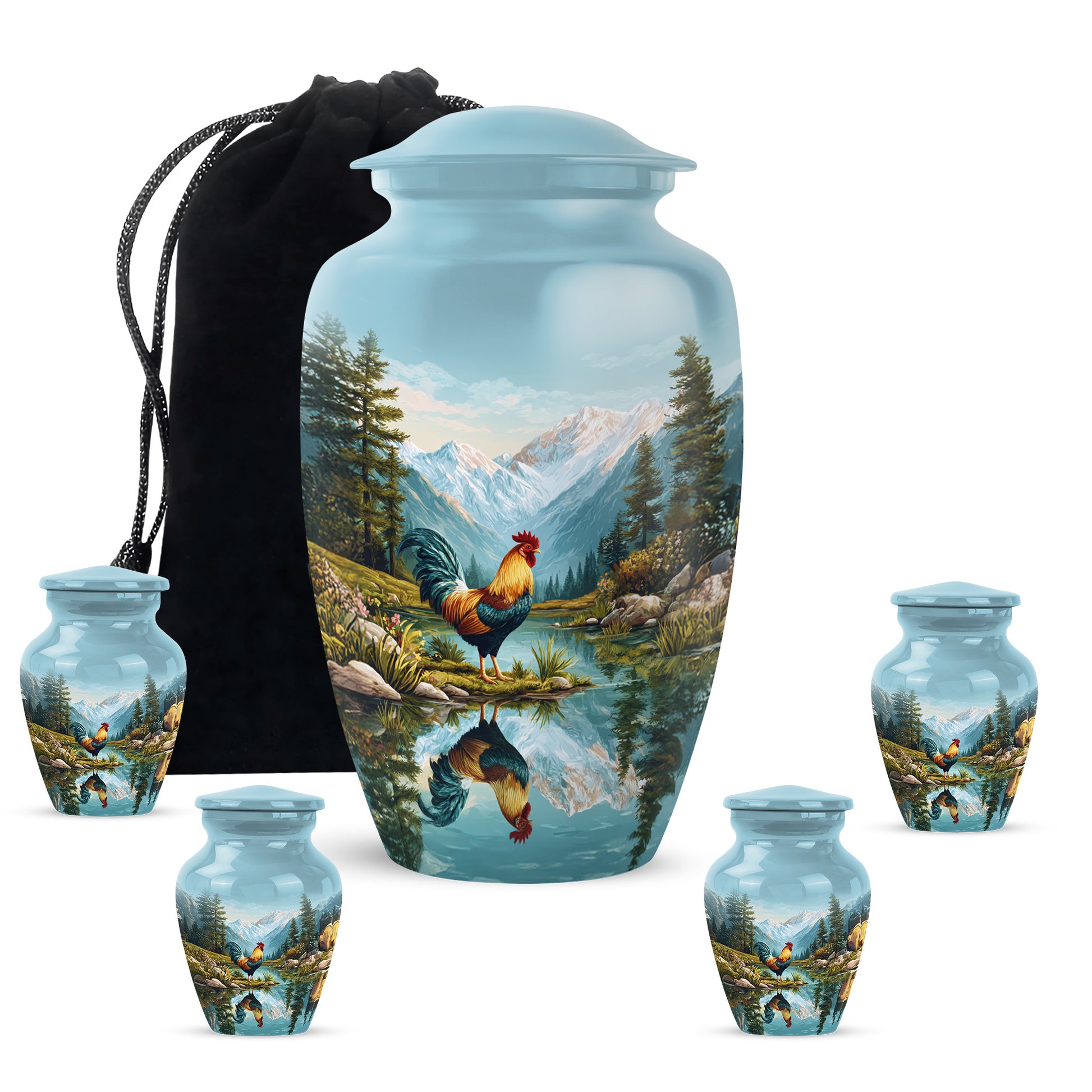 Deep Teal Hen Cremation Urn top-down view of secure threaded lid - traditional hen engraving with hand-polished finish - memorial set with one large and four small urns