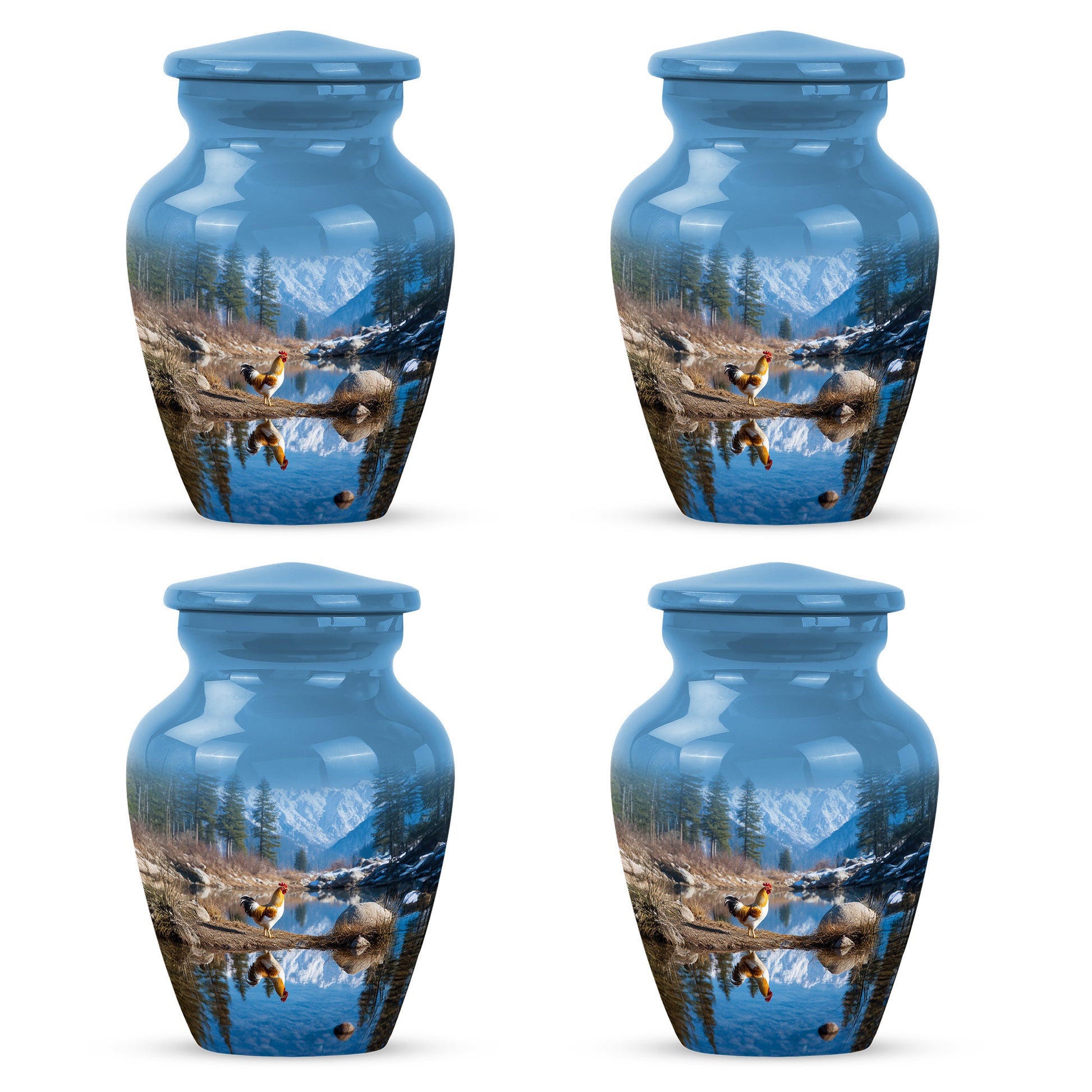 Royal Blue Hen Cremation Urn side profile showing urn shape - elegant classic hen relief with fine detailing - 10 inch aluminum urn for cremated remains
