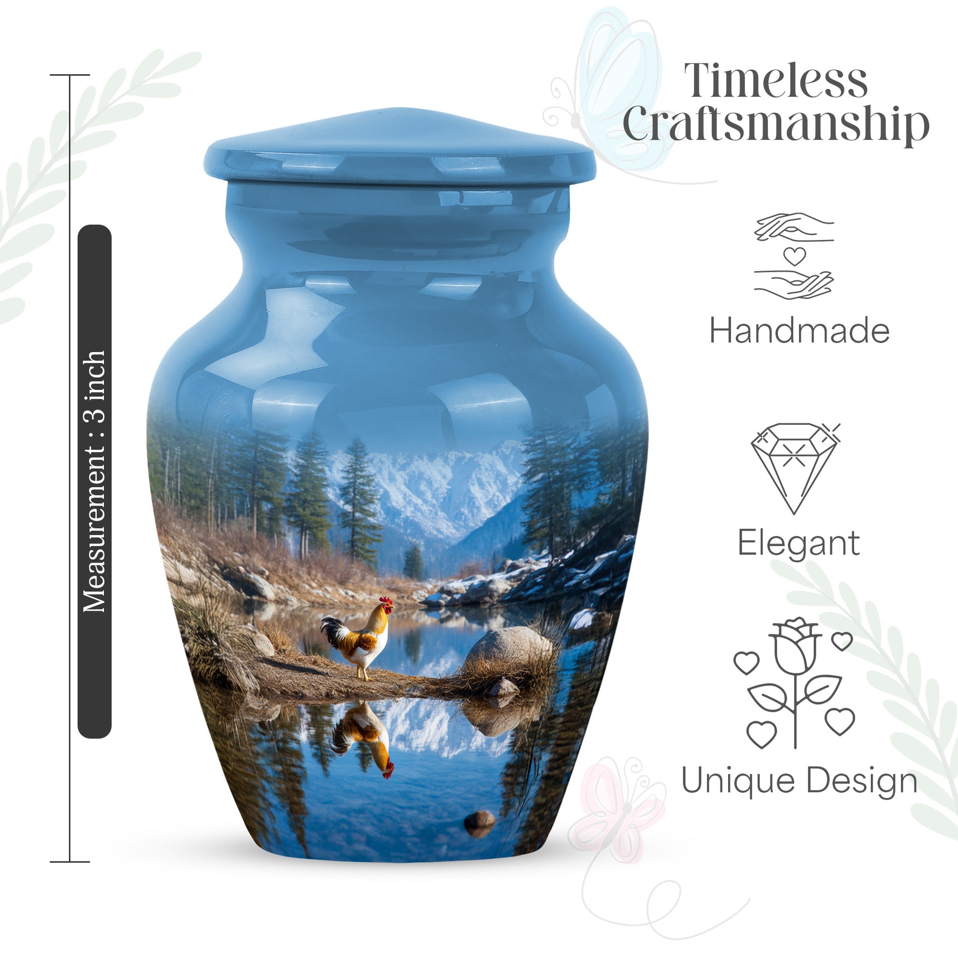 Misty Blue Hen Cremation Urn close-up of engraving and surface detail - timeless hen motif etched into premium metal - mini keepsake memorial for portion of cremation ashes