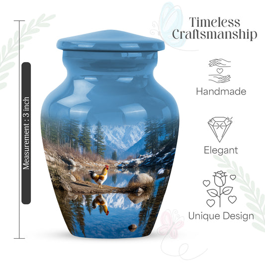 Misty Blue Hen Cremation Urn close-up of engraving and surface detail - timeless hen motif etched into premium metal - mini keepsake memorial for portion of cremation ashes