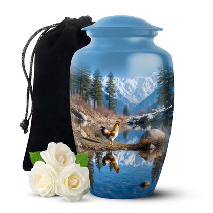 Sapphire Blue Hen Cremation Urn angled view of lid and engraved motif - traditional hen engraving with hand-polished finish - full-size 10 inch 200 cubic inch adult cremation urn