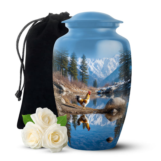 Sapphire Blue Hen Cremation Urn angled view of lid and engraved motif - traditional hen engraving with hand-polished finish - full-size 10 inch 200 cubic inch adult cremation urn