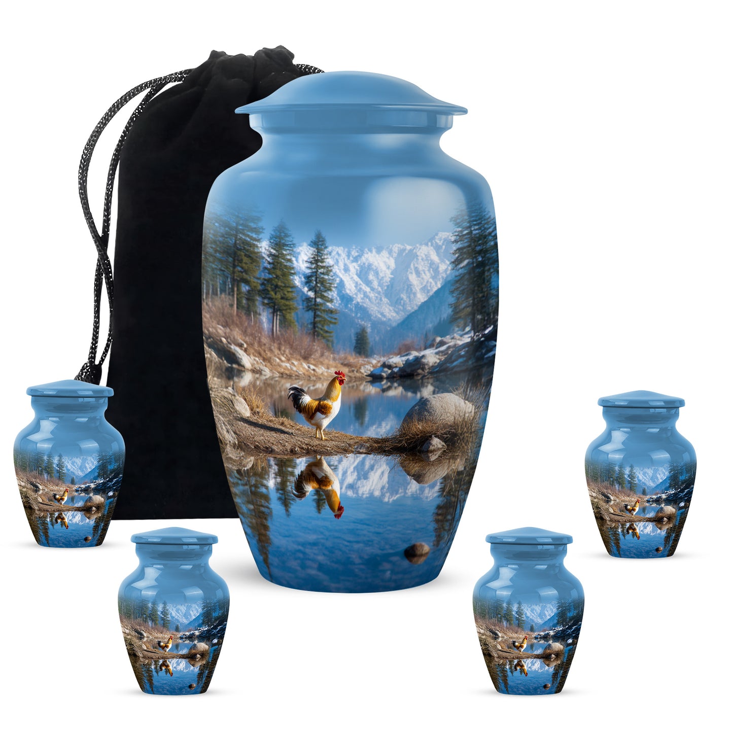 Dusty Blue Hen Cremation Urn top-down view of secure threaded lid - timeless hen motif etched into premium metal - memorial set with one large and four small urns