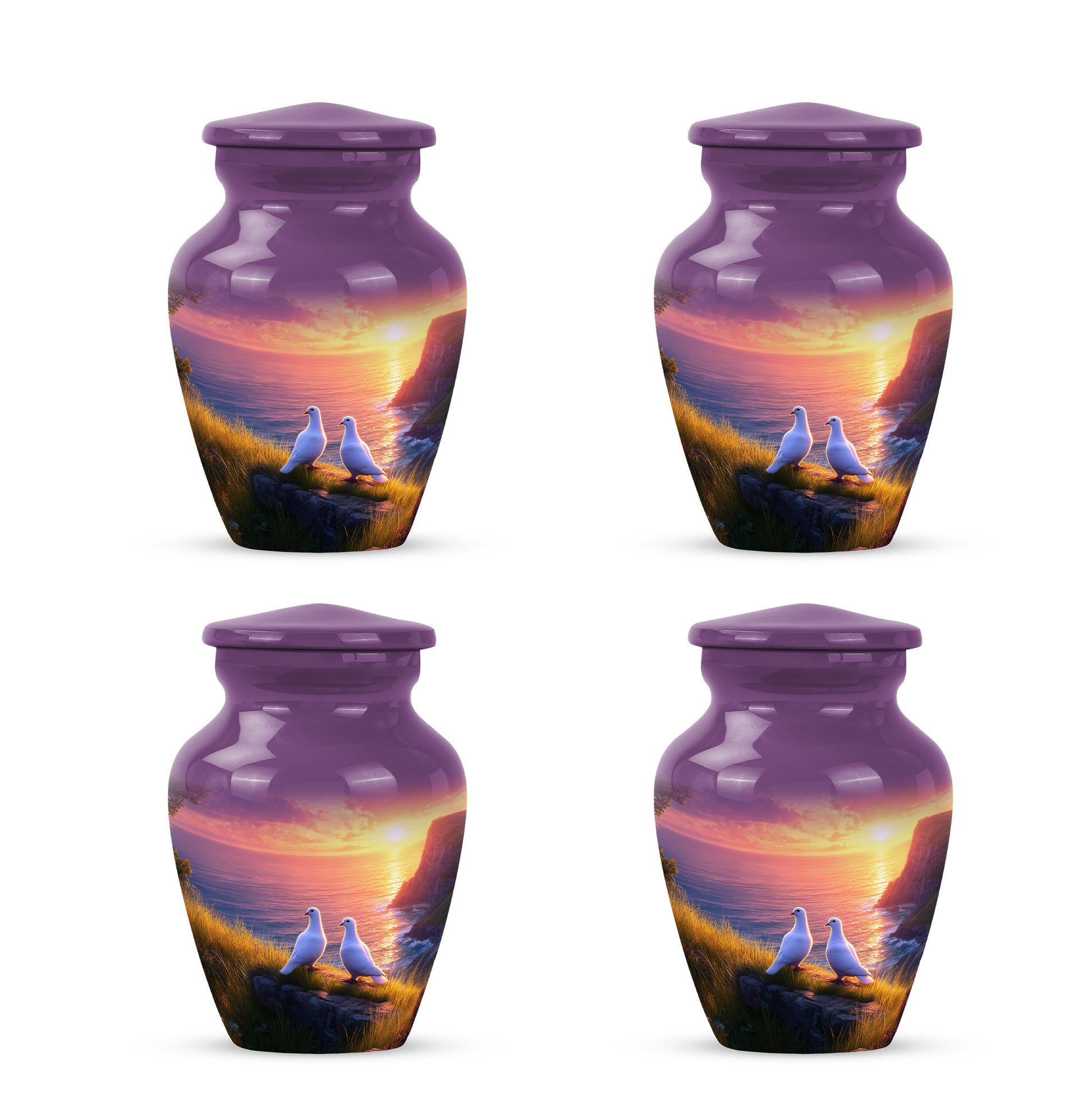 Salmon Pink Dove Cremation Urn side profile showing urn shape - traditional dove engraving with hand-polished finish - 10 inch aluminum urn for cremated remains