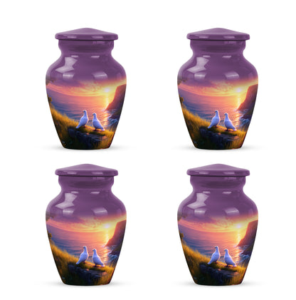 Salmon Pink Dove Cremation Urn side profile showing urn shape - traditional dove engraving with hand-polished finish - 10 inch aluminum urn for cremated remains