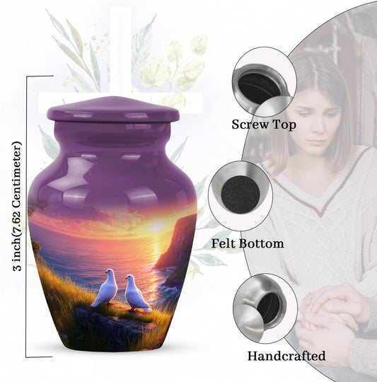 Pastel Pink Dove Cremation Urn close-up of engraving and surface detail - timeless dove motif etched into premium metal - mini keepsake memorial for portion of cremation ashes