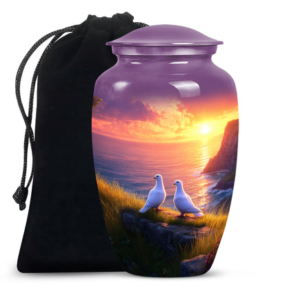 Rose Pink Dove Cremation Urn angled view of lid and engraved motif - classic sculpted dove pattern on smooth aluminum - full-size 10 inch 200 cubic inch adult cremation urn