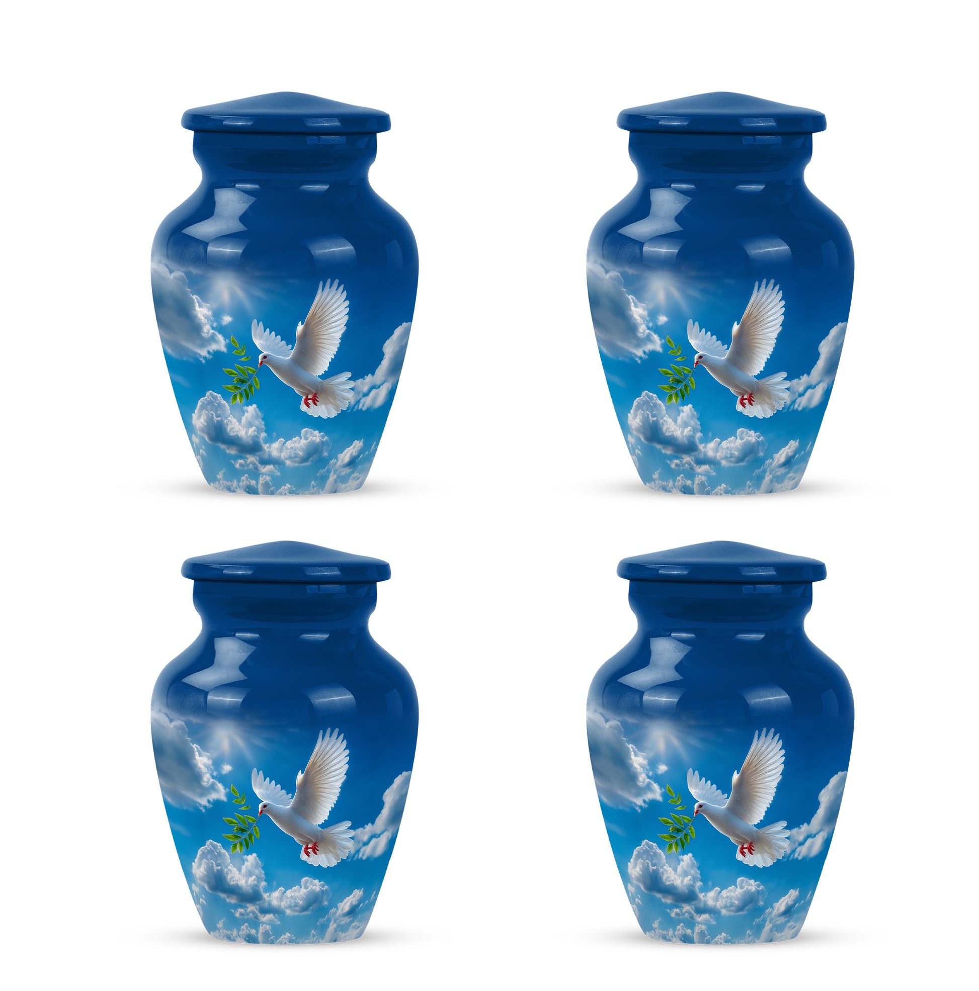 Vivid Blue Dove Cremation Urn side profile showing urn shape - elegant classic dove relief with fine detailing - 10 inch aluminum urn for cremated remains