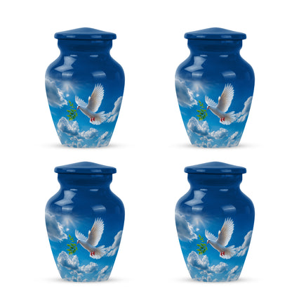 Vivid Blue Dove Cremation Urn side profile showing urn shape - elegant classic dove relief with fine detailing - 10 inch aluminum urn for cremated remains
