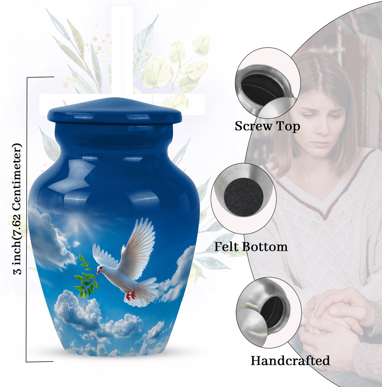 Twilight Blue Dove Cremation Urn close-up of engraving and surface detail - traditional dove engraving with hand-polished finish - mini keepsake memorial for portion of cremation ashes