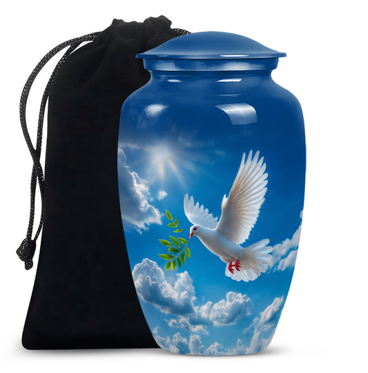 Navy Blue Dove Cremation Urn angled view of lid and engraved motif - classic sculpted dove pattern on smooth aluminum - full-size 10 inch 200 cubic inch adult cremation urn
