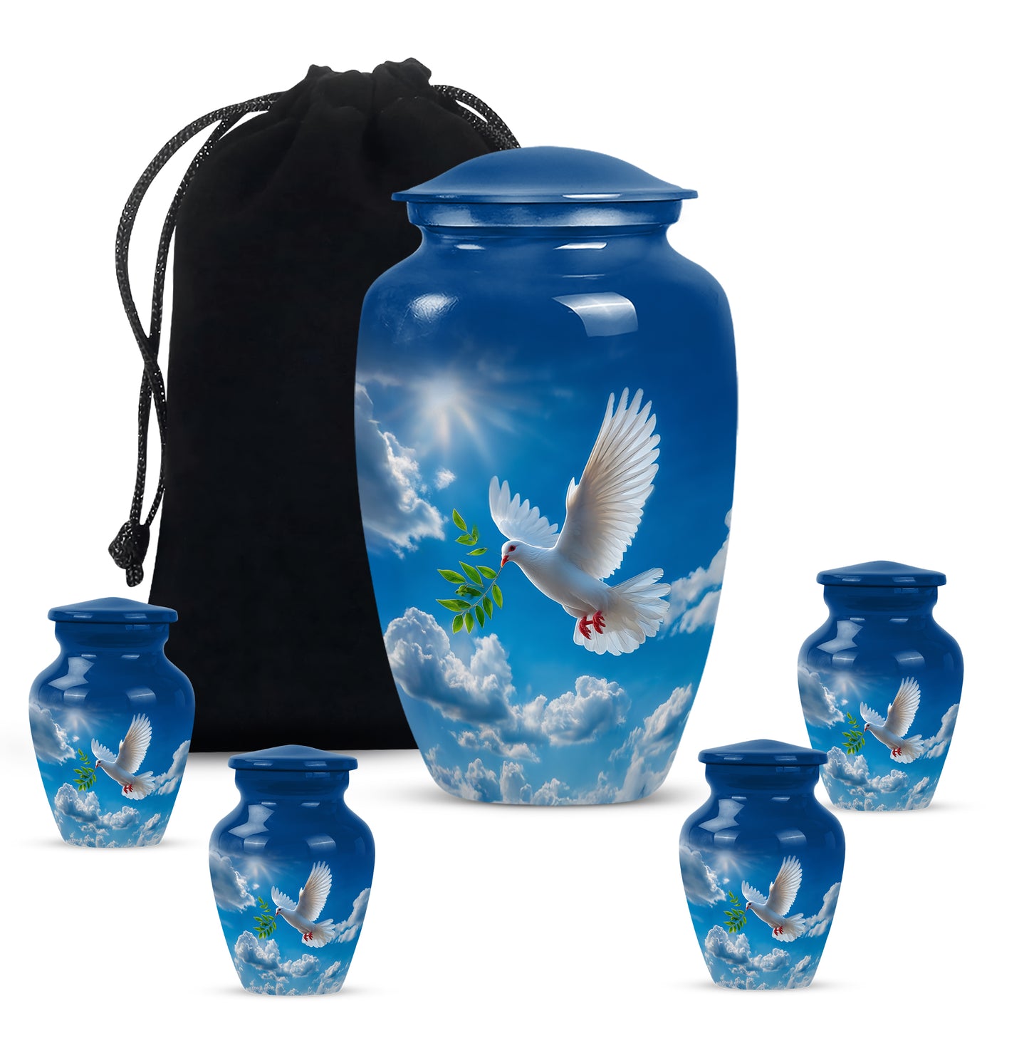 Pastel Blue Dove Cremation Urn top-down view of secure threaded lid - classic sculpted dove pattern on smooth aluminum - memorial set with one large and four small urns